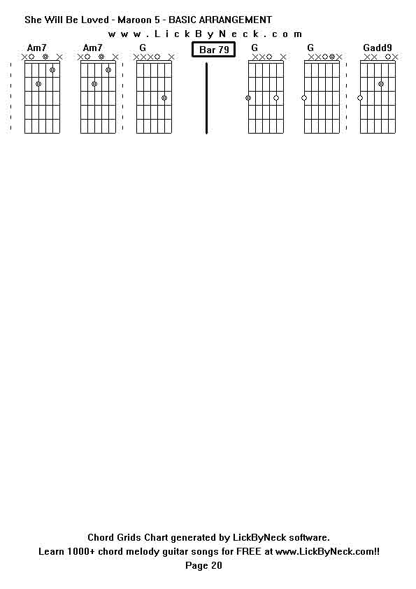 Chord Grids Chart of chord melody fingerstyle guitar song-She Will Be Loved - Maroon 5 - BASIC ARRANGEMENT,generated by LickByNeck software.